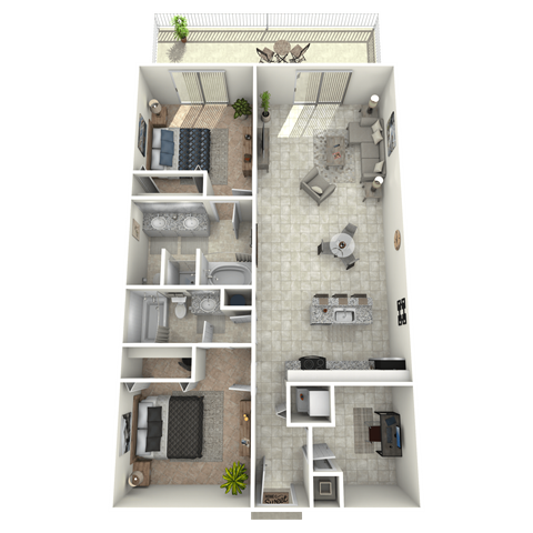 A 3D floor plan of a house with multiple rooms and furniture.